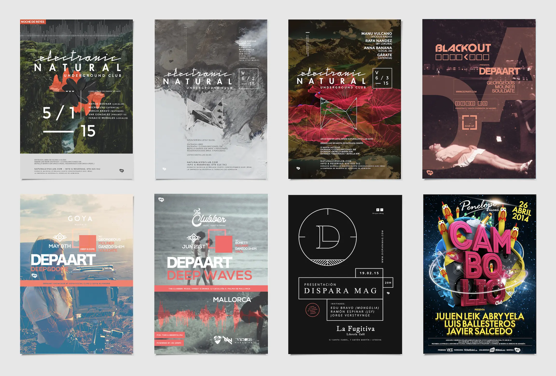 A collection of Natural, Depaart, and club event poster designs