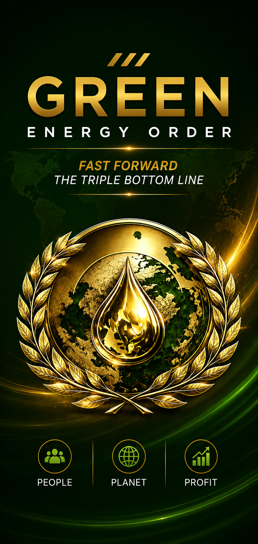 Green Energy Order mobile banner featuring a gold globe and energy emblem with the people, planet, and profit pillars
