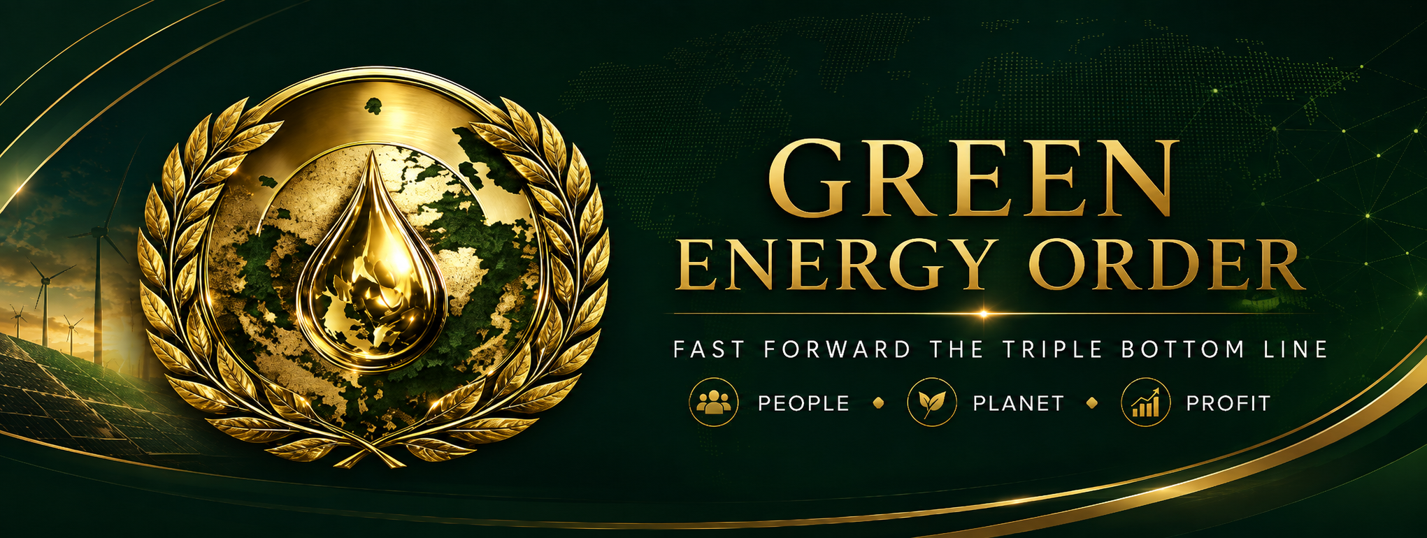 Green Energy Order desktop banner featuring a gold globe and energy emblem with the people, planet, and profit pillars