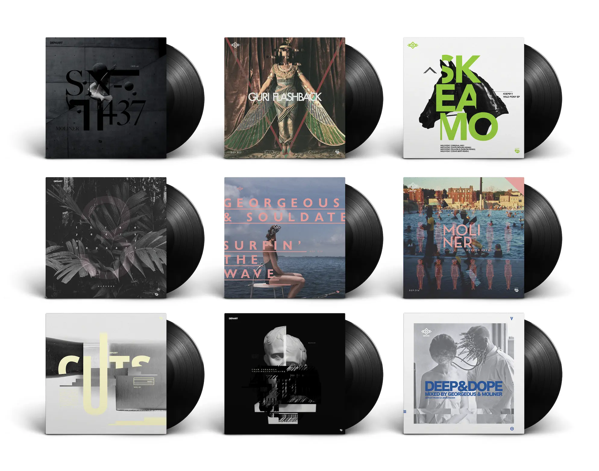 A collection of experimental record sleeve designs with vinyl pressings