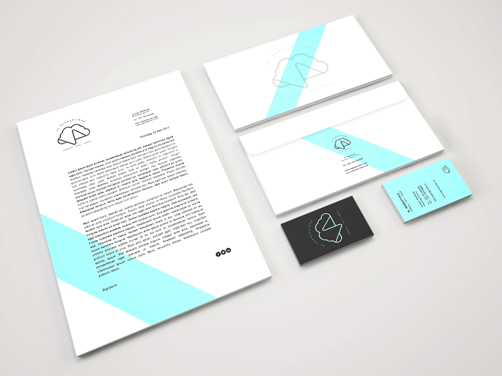 V.A. Productions stationery, envelopes, letterhead, and business cards